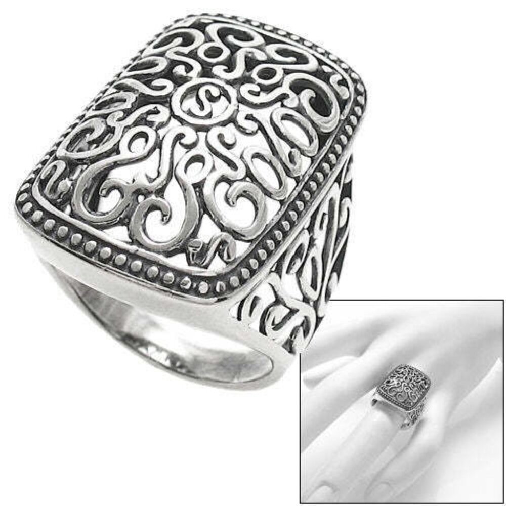 Rectangular Domed Filigree Ring With Beaded Edges… - image 1